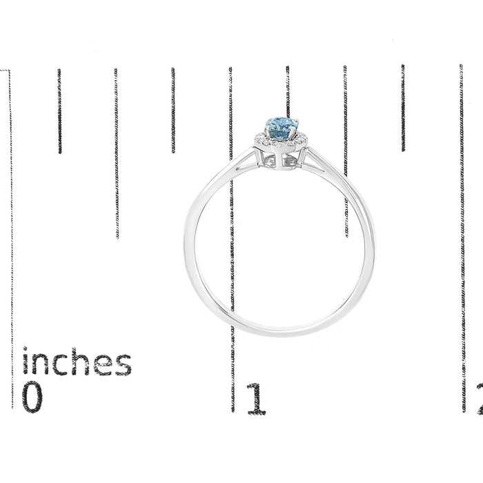 Anillo de halo con piedra natal ovalada de 5x3mm y detalle de diamante en oro blanco de 10K, foto 75