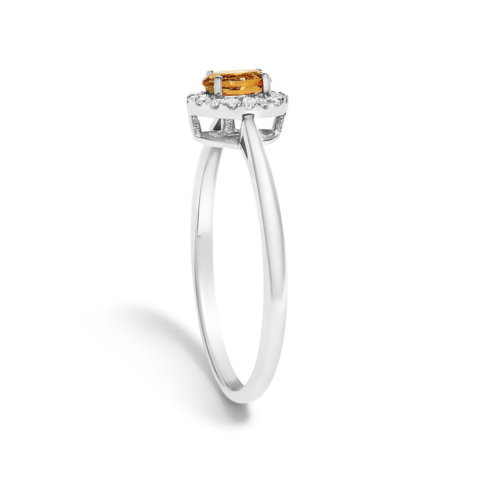 Anillo de halo con piedra natal ovalada de 5x3mm y detalle de diamante en oro blanco de 10K, foto 52