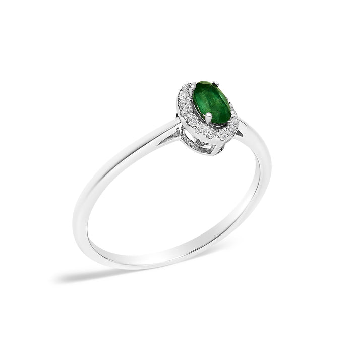 Anillo de halo con piedra natal ovalada de 5x3mm y detalle de diamante en oro blanco de 10K, foto 40