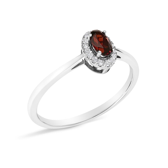 Anillo de halo con piedra natal ovalada de 5x3mm y detalle de diamante en oro blanco de 10K, foto 39