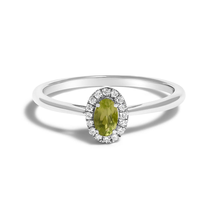 Anillo de halo con piedra natal ovalada de 5x3mm y detalle de diamante en oro blanco de 10K, foto 5