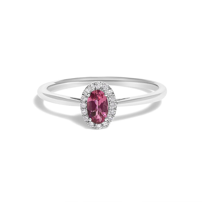 Anillo de halo con piedra natal ovalada de 5x3mm y detalle de diamante en oro blanco de 10K, foto 4