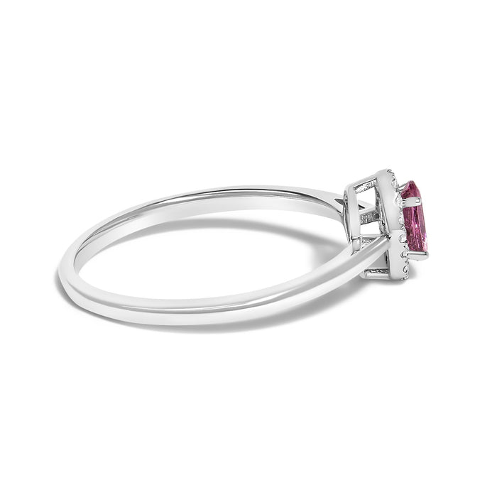 Anillo de halo con piedra natal ovalada de 5x3mm y detalle de diamante en oro blanco de 10K, foto 15