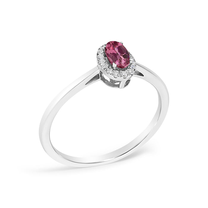 Anillo de halo con piedra natal ovalada de 5x3mm y detalle de diamante en oro blanco de 10K, foto 37