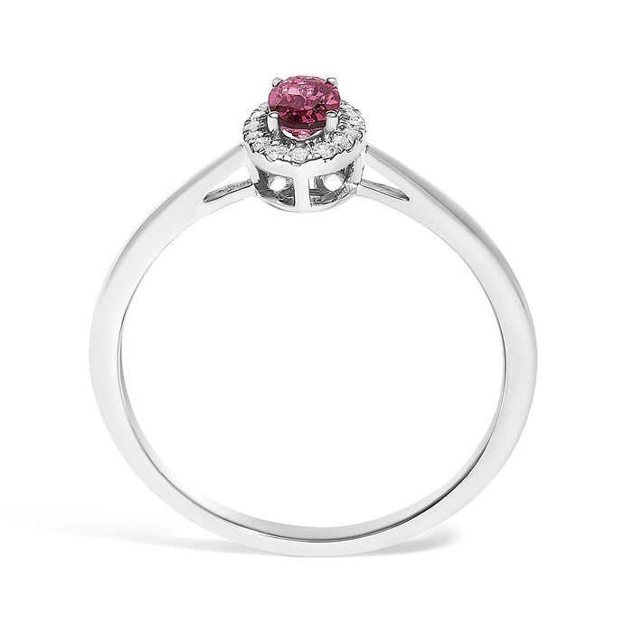 Anillo de halo con piedra natal ovalada de 5x3mm y detalle de diamante en oro blanco de 10K, foto 59