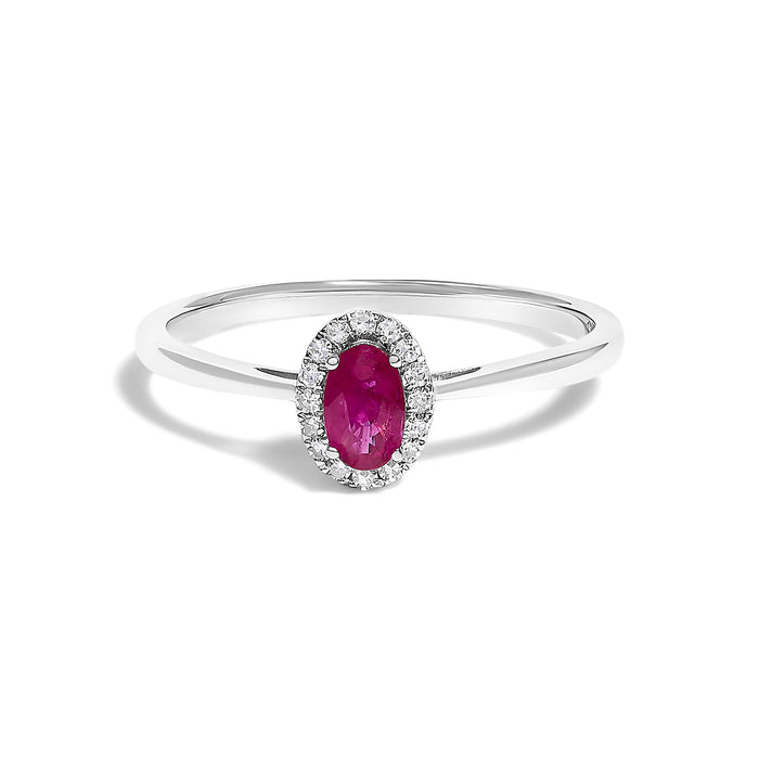 Anillo de halo con piedra natal ovalada de 5x3mm y detalle de diamante en oro blanco de 10K, foto 3