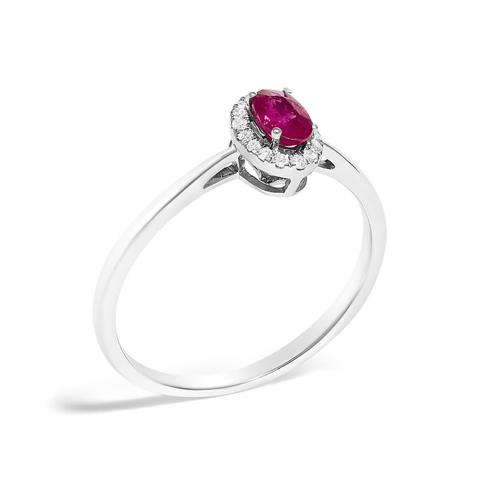 Anillo de halo con piedra natal ovalada de 5x3mm y detalle de diamante en oro blanco de 10K, foto 36