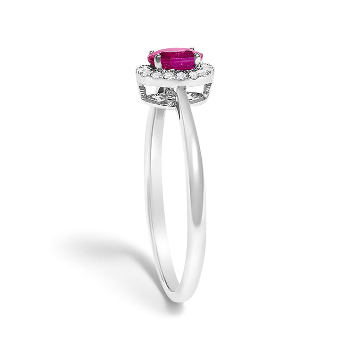 Anillo de halo con piedra natal ovalada de 5x3mm y detalle de diamante en oro blanco de 10K, foto 47