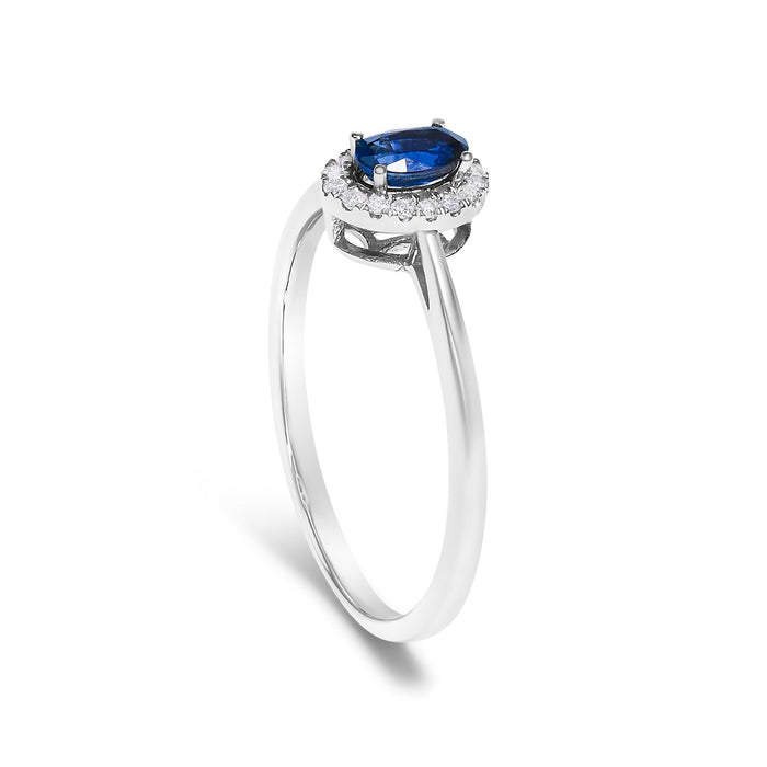 Anillo de halo con piedra natal ovalada de 5x3mm y detalle de diamante en oro blanco de 10K, foto 45