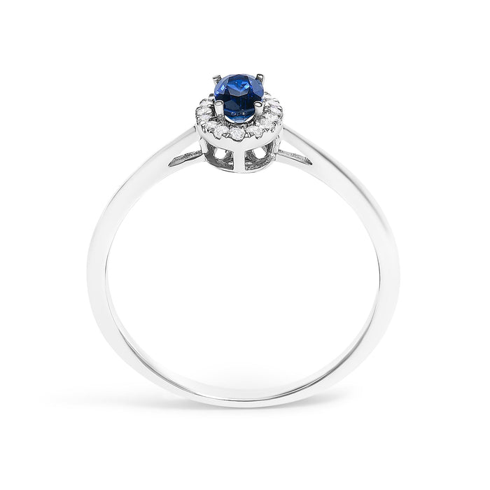 Anillo de halo con piedra natal ovalada de 5x3mm y detalle de diamante en oro blanco de 10K, foto 56