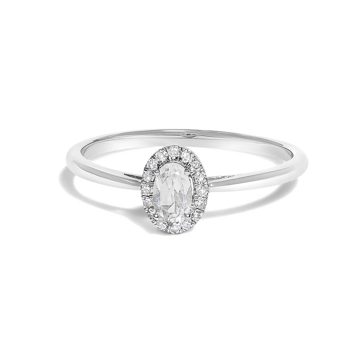 Anillo de halo con piedra natal ovalada de 5x3mm y detalle de diamante en oro blanco de 10K, foto 2