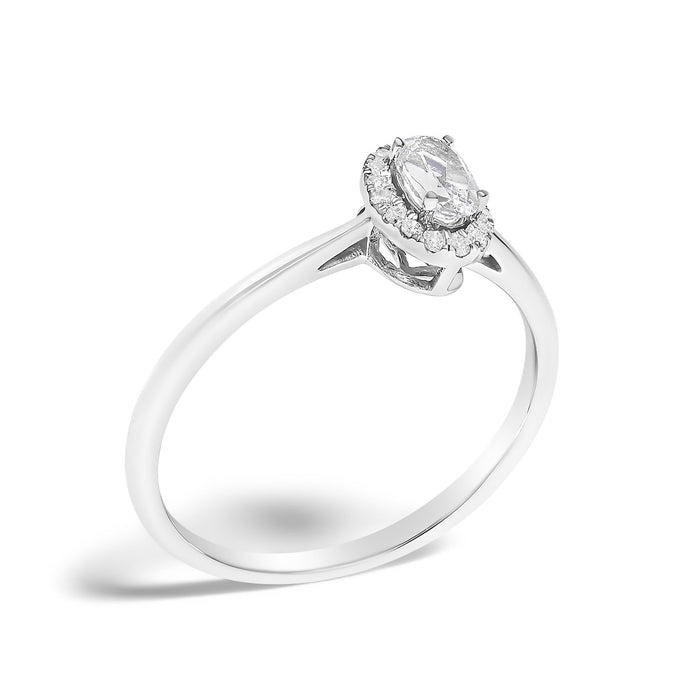 Anillo de halo con piedra natal ovalada de 5x3mm y detalle de diamante en oro blanco de 10K, foto 35