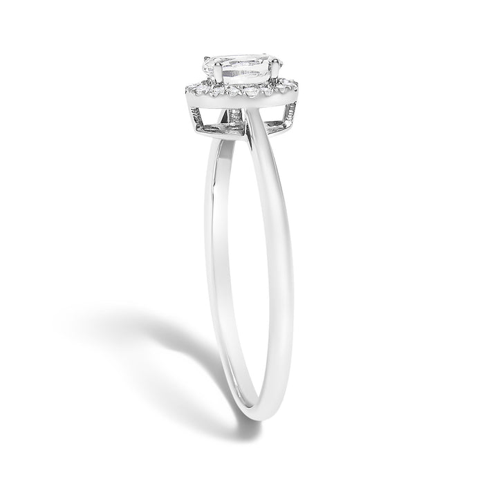 Anillo de halo con piedra natal ovalada de 5x3mm y detalle de diamante en oro blanco de 10K, foto 46