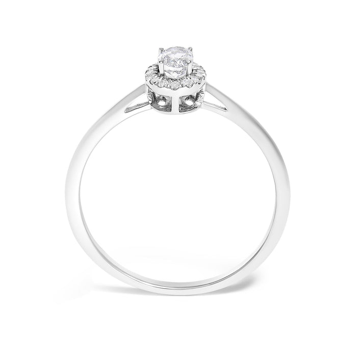 Anillo de halo con piedra natal ovalada de 5x3mm y detalle de diamante en oro blanco de 10K, foto 57