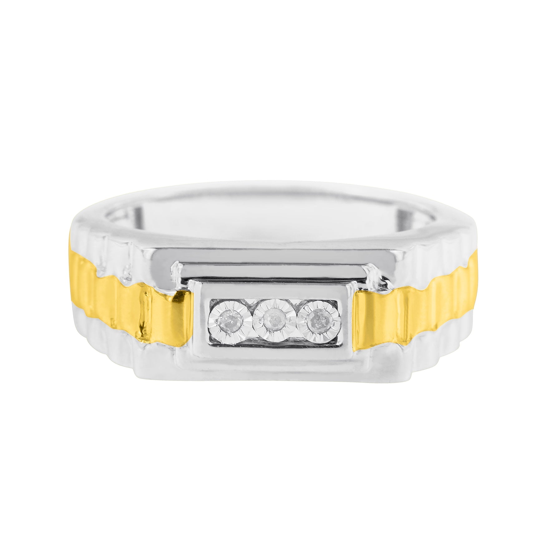 Men's Diamond Accent Miracle-Set 3 Stone Ridged Band Ring in 10K Yellow Gold-Plated Sterling Silver, photo 1