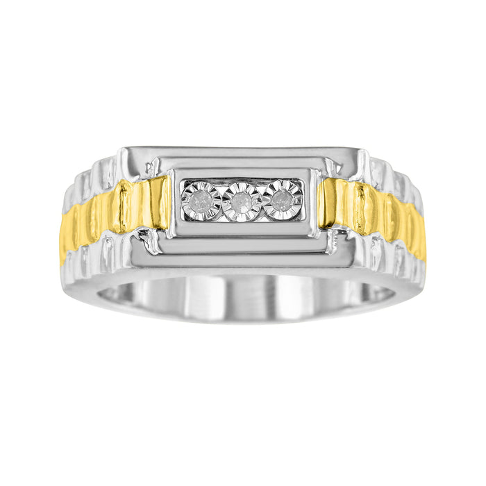 Men's Diamond Accent Miracle-Set 3 Stone Ridged Band Ring in 10K Yellow Gold-Plated Sterling Silver, photo 4