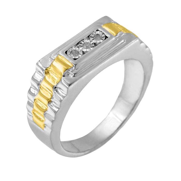 Men's Diamond Accent Miracle-Set 3 Stone Ridged Band Ring in 10K Yellow Gold-Plated Sterling Silver, photo 5