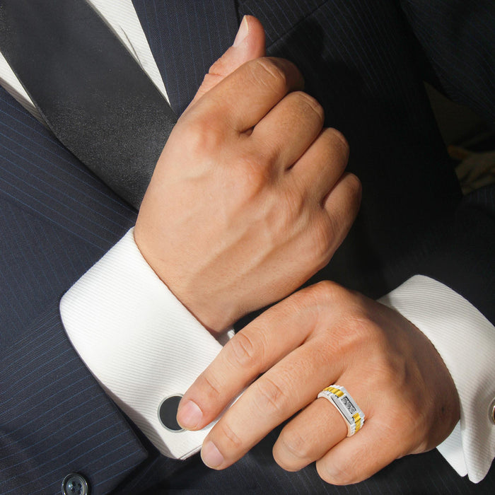 Men's Diamond Accent Miracle-Set 3 Stone Ridged Band Ring in 10K Yellow Gold-Plated Sterling Silver, photo 3