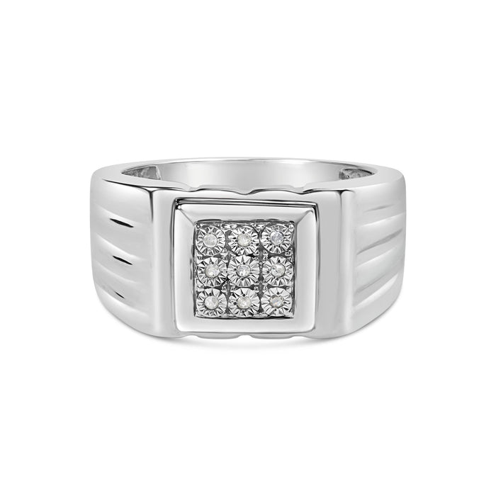 Anillo de banda estriada para caballero Miracle-Set de 9 piedras con detalle de diamante en plata de ley, foto 1