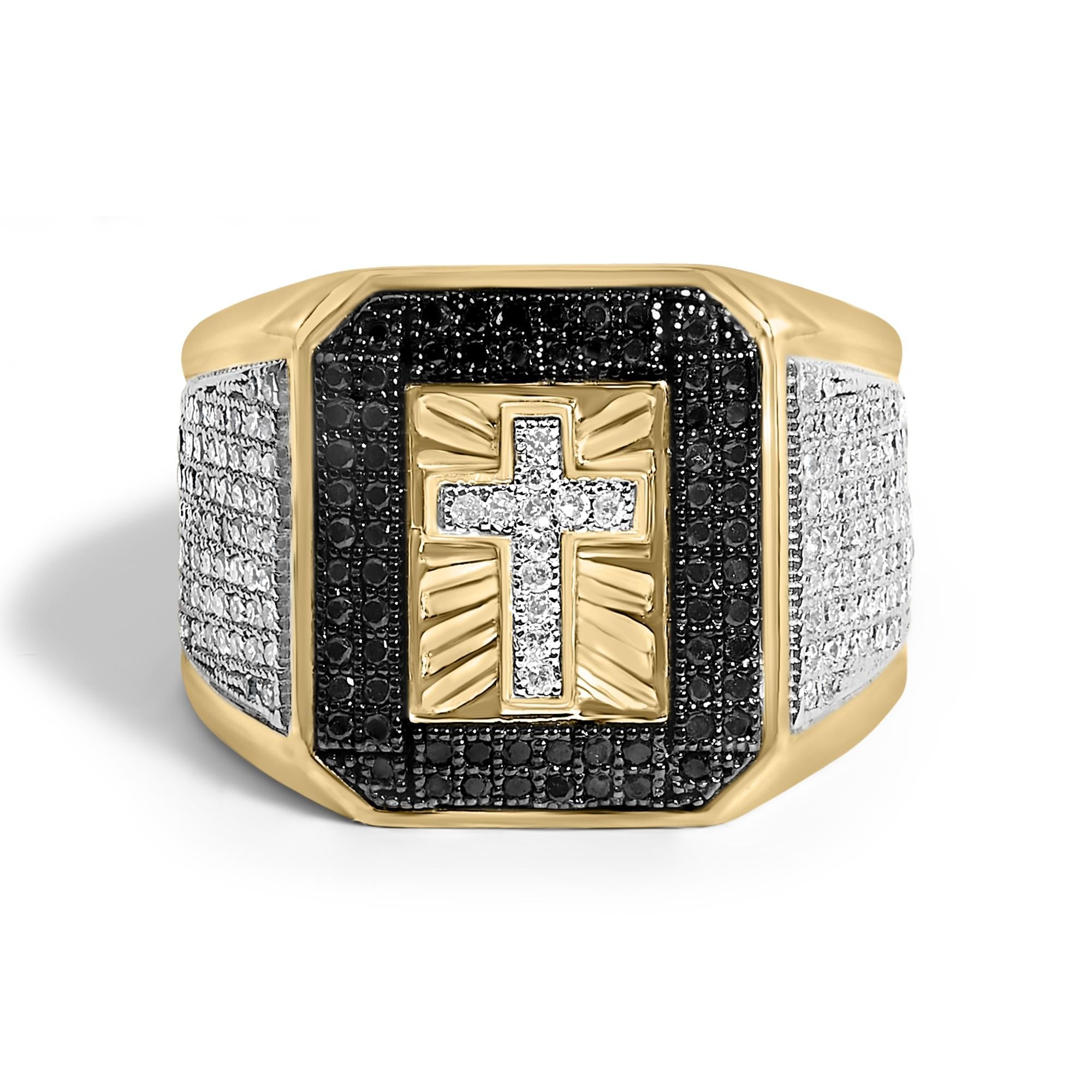 Men's 1 1/2 Ct. T.W. White and Treated Black Diamond Cross Signet Ring in 10K Yellow Gold, photo 1