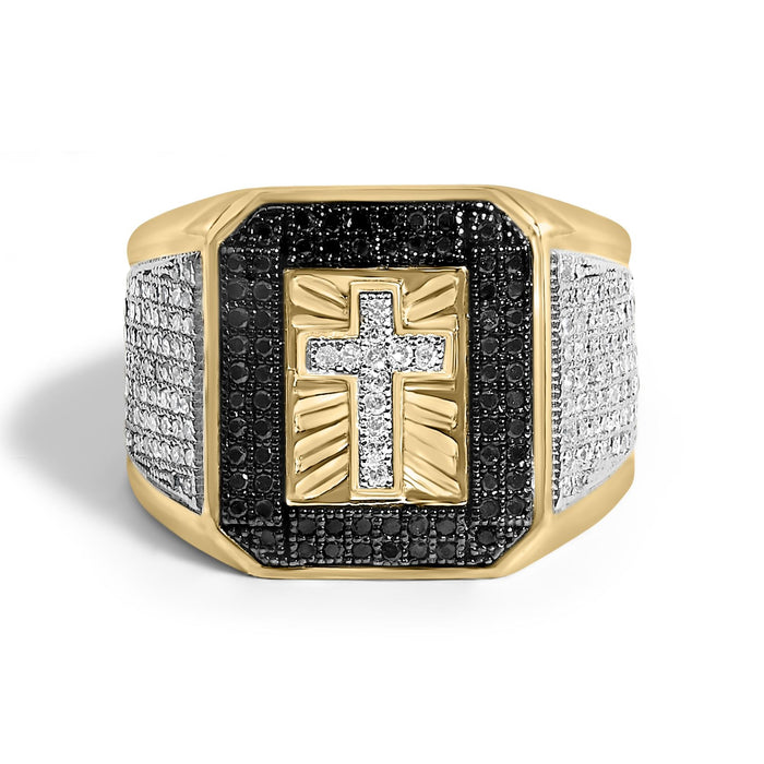 Men's 1 1/2 Ct. T.W. White and Treated Black Diamond Cross Signet Ring in 10K Yellow Gold, photo 1