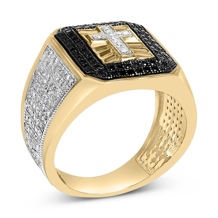Men's 1 1/2 Ct. T.W. White and Treated Black Diamond Cross Signet Ring in 10K Yellow Gold, photo 4