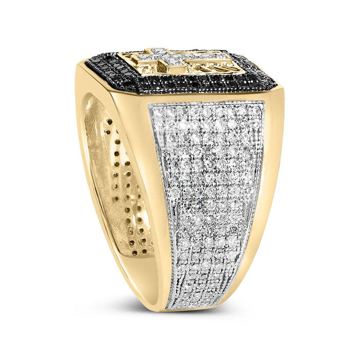 Men's 1 1/2 Ct. T.W. White and Treated Black Diamond Cross Signet Ring in 10K Yellow Gold, photo 5