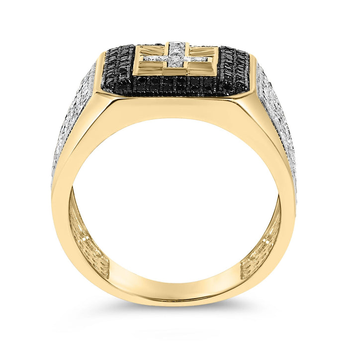 Men's 1 1/2 Ct. T.W. White and Treated Black Diamond Cross Signet Ring in 10K Yellow Gold, photo 6