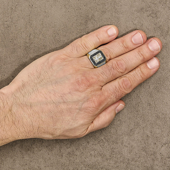 Men's 1 1/2 Ct. T.W. White and Treated Black Diamond Cross Signet Ring in 10K Yellow Gold, photo 3