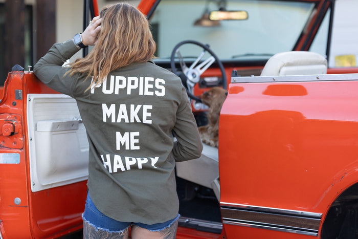 Puppies Make Me Happy Military Button-Up Shirt