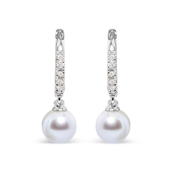 6x6mm Cultured Freshwater Pearl and Diamond Accent Drop Huggy Earrings in 10K White Gold, photo 1