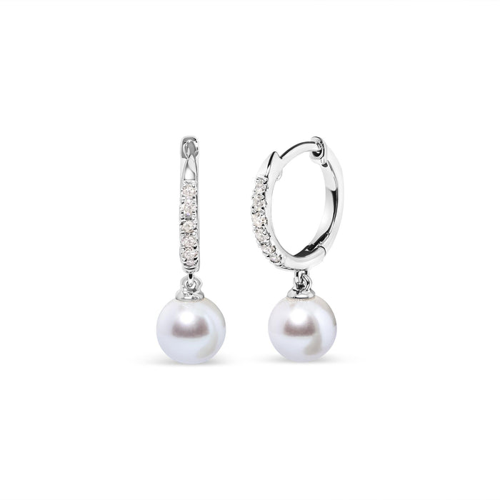 Aretes de aro Huggie colgantes con perla cultivada de agua dulce de 6x6mm y detalles de diamante en oro blanco de 10K, foto 2