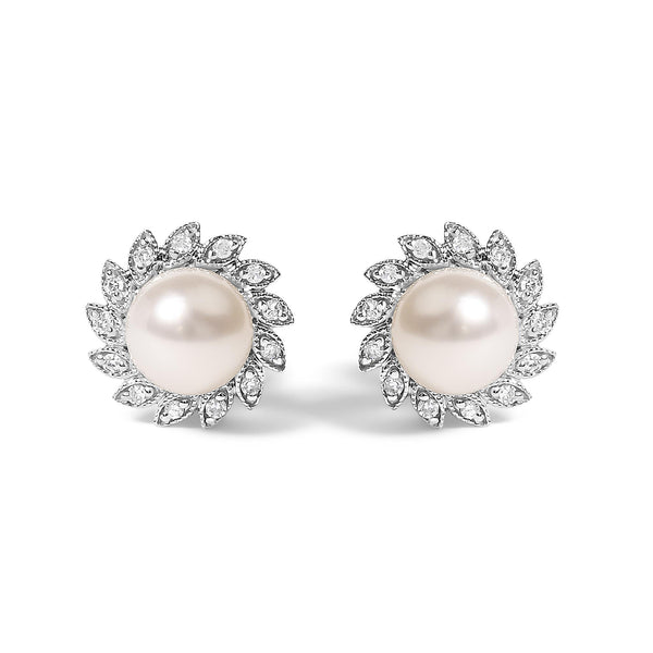 Heirloom-Style Cultured Pearl and Diamond Accent Halo Stud Earrings in 10K White Gold, photo 1