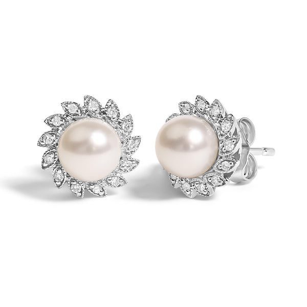 Heirloom-Style Cultured Pearl and Diamond Accent Halo Stud Earrings in 10K White Gold, photo 2