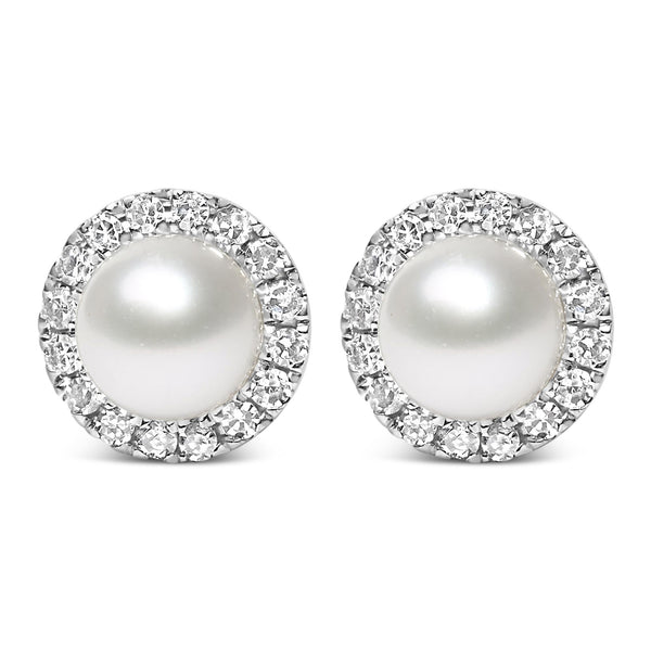 1/7 Ct. T.W. 4.5mm Cultured Freshwater Pearl and Diamond Halo Stud Earrings in 10K White Gold, photo 1
