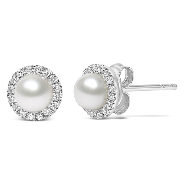 1/7 Ct. T.W. 4.5mm Cultured Freshwater Pearl and Diamond Halo Stud Earrings in 10K White Gold, photo 2