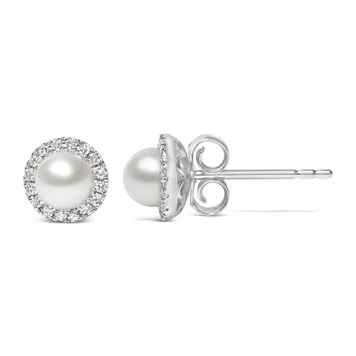 Aretes de botón con halo de diamantes de 1/7 ct. p.t. y perla cultivada de agua dulce de 4.5mm en oro blanco de 10K, foto 4