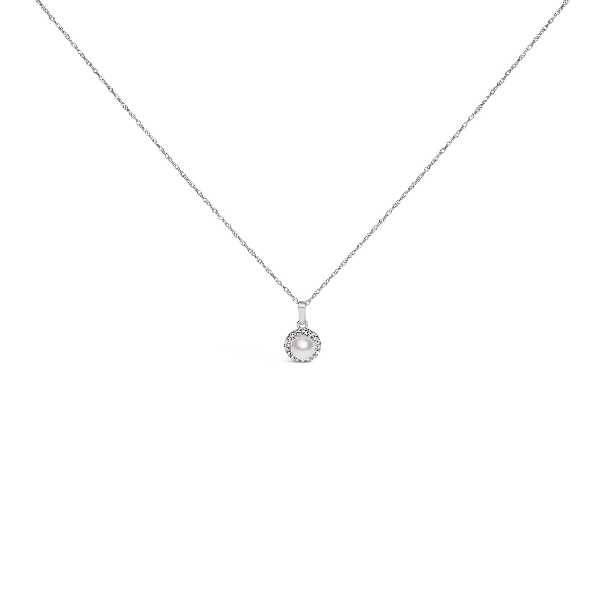 5mm Cultured Pearl and Diamond Accent Halo Pendant Necklace in 10K White Gold, photo 1