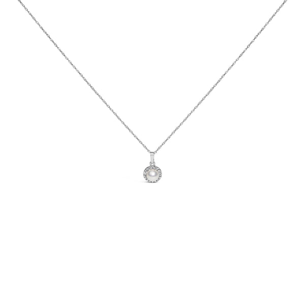 5mm Cultured Pearl and Diamond Accent Halo Pendant Necklace in 10K White Gold, photo 1