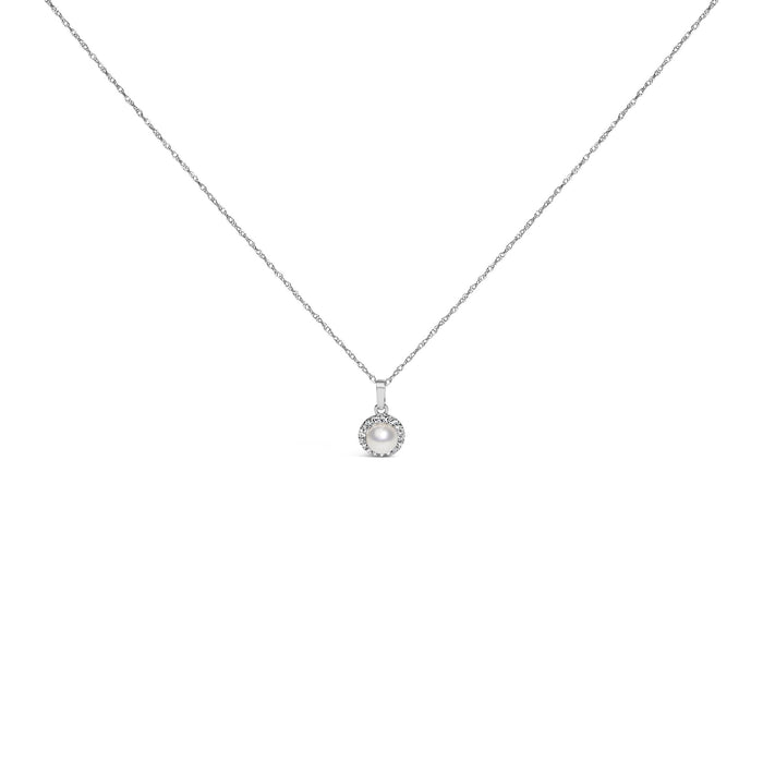 5mm Cultured Pearl and Diamond Accent Halo Pendant Necklace in 10K White Gold, photo 1