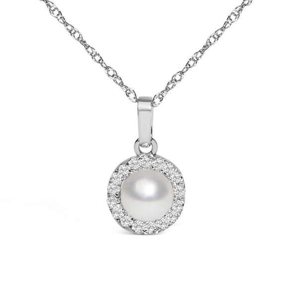 5mm Cultured Pearl and Diamond Accent Halo Pendant Necklace in 10K White Gold, photo 2