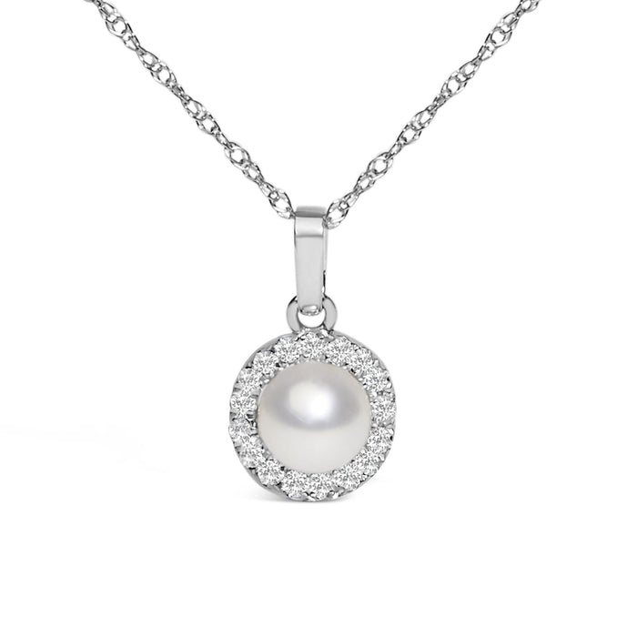 5mm Cultured Pearl and Diamond Accent Halo Pendant Necklace in 10K White Gold, photo 2