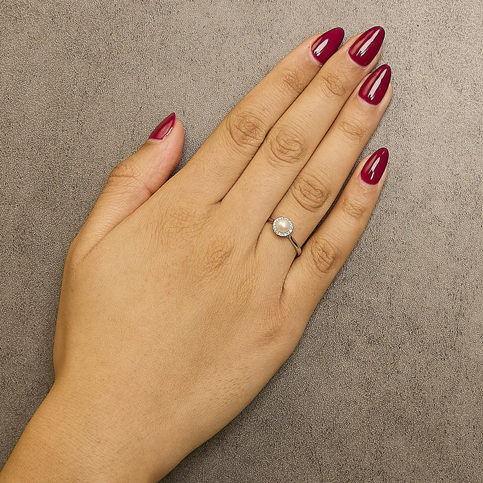 5mm Cultured Freshwater Pearl and Diamond Halo Ring in 10K White Gold, photo 3
