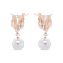 Aretes de botón colgantes florales con diamantes redondos de 1/6 ct. p.t. y perla cultivada redonda de 8mm en oro rosa de 14K, color H-I, claridad I1-I2, foto 2