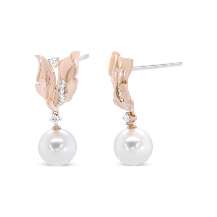 Aretes de botón colgantes florales con diamantes redondos de 1/6 ct. p.t. y perla cultivada redonda de 8mm en oro rosa de 14K, color H-I, claridad I1-I2, foto 4