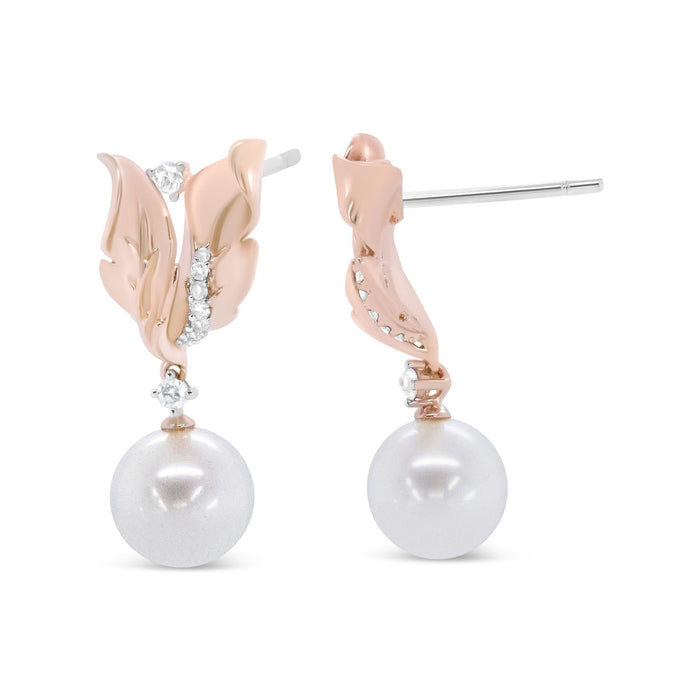 Aretes de botón colgantes florales con diamantes redondos de 1/6 ct. p.t. y perla cultivada redonda de 8mm en oro rosa de 14K, color H-I, claridad I1-I2, foto 5