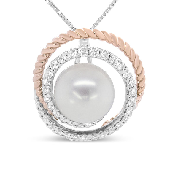3/8 Ct. T.W. Pave Diamond and 9mm Round Cultured Pearl Spiral Openwork Pendant Necklace in 14K Rose and White Gold, photo 1