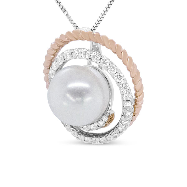 3/8 Ct. T.W. Pave Diamond and 9mm Round Cultured Pearl Spiral Openwork Pendant Necklace in 14K Rose and White Gold, photo 2