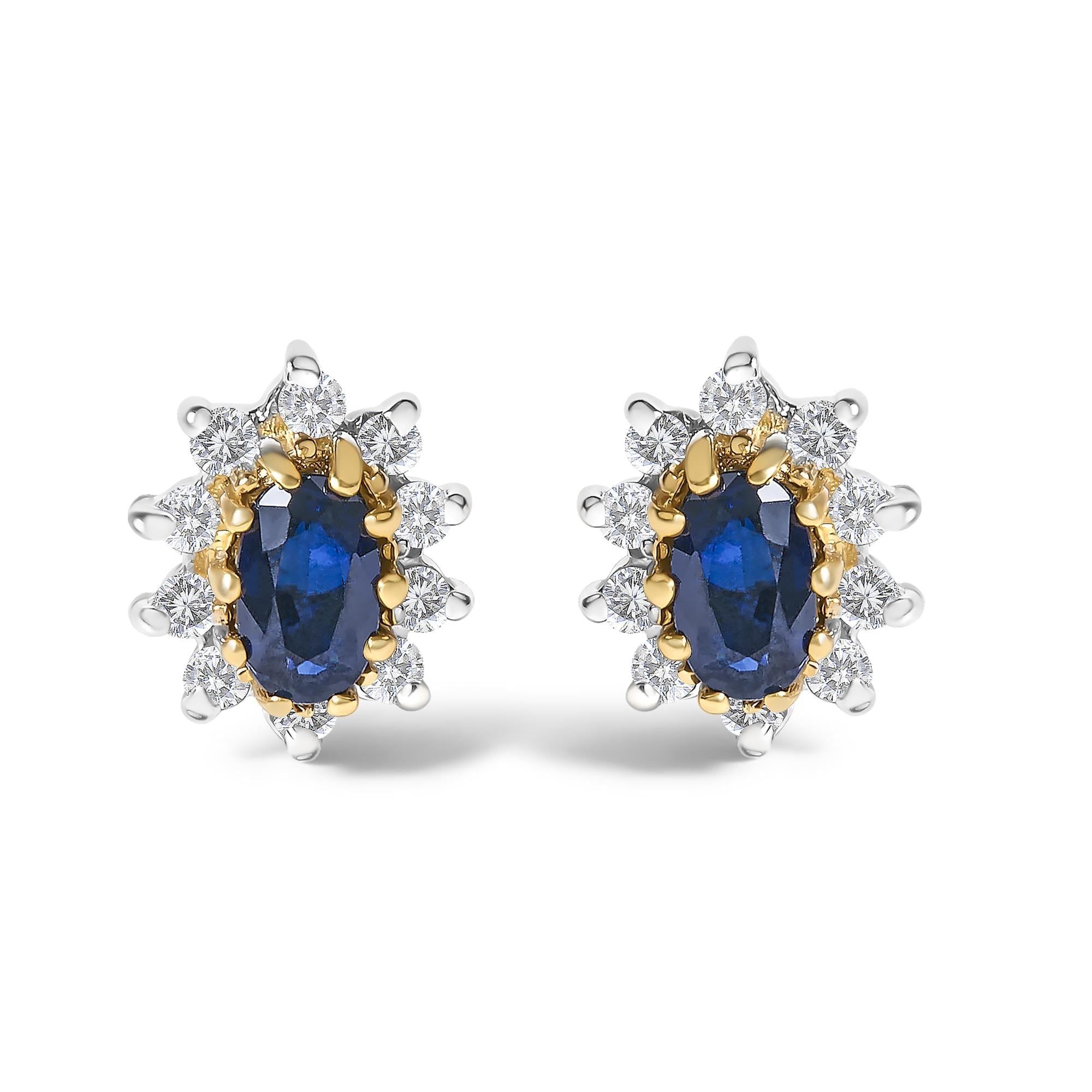 Aretes de botón de halo de sol radiante con diamantes y zafiro azul de 1/4 ct. p.t. en oro amarillo de 14K, foto 1