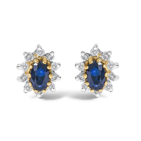 Aretes de botón de halo de sol radiante con diamantes y zafiro azul de 1/4 ct. p.t. en oro amarillo de 14K, foto 1
